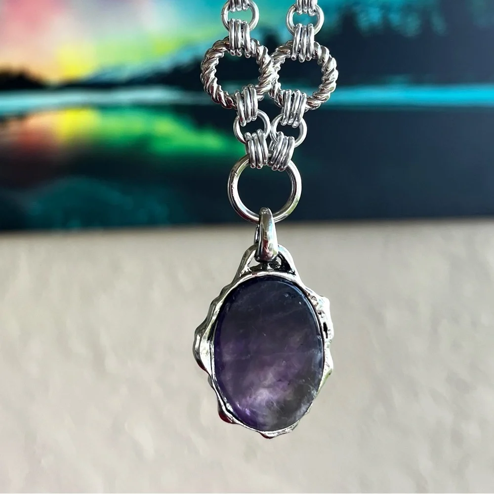 SOLD ON DEP steel necklace double chain purple amethyst gemstone flower charm - Picture 6 of 11